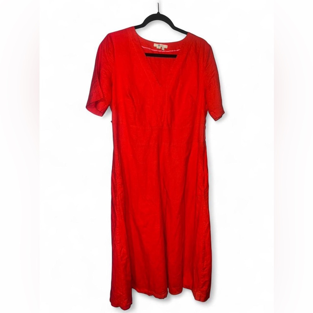 Boden Red Linen blend short sleeve midi dress. Size 12